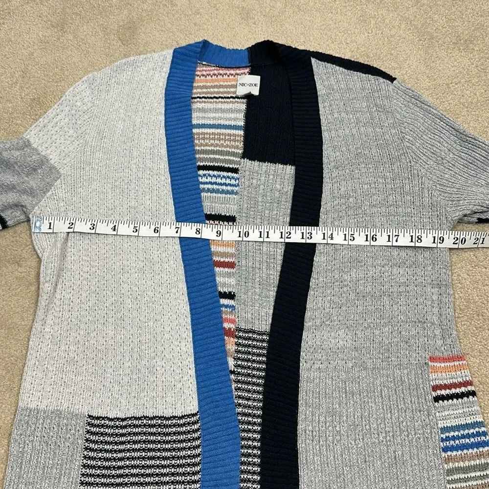 Nic & Zoe Long Line Open Front Patchwork Quilt Longsleeve Cardigan Women Medium